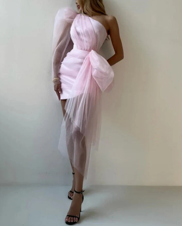 Luolandi Charming One Shoulder Satin Tulle Short Party Dress Homecoming Dress Lovely Graduation Dress