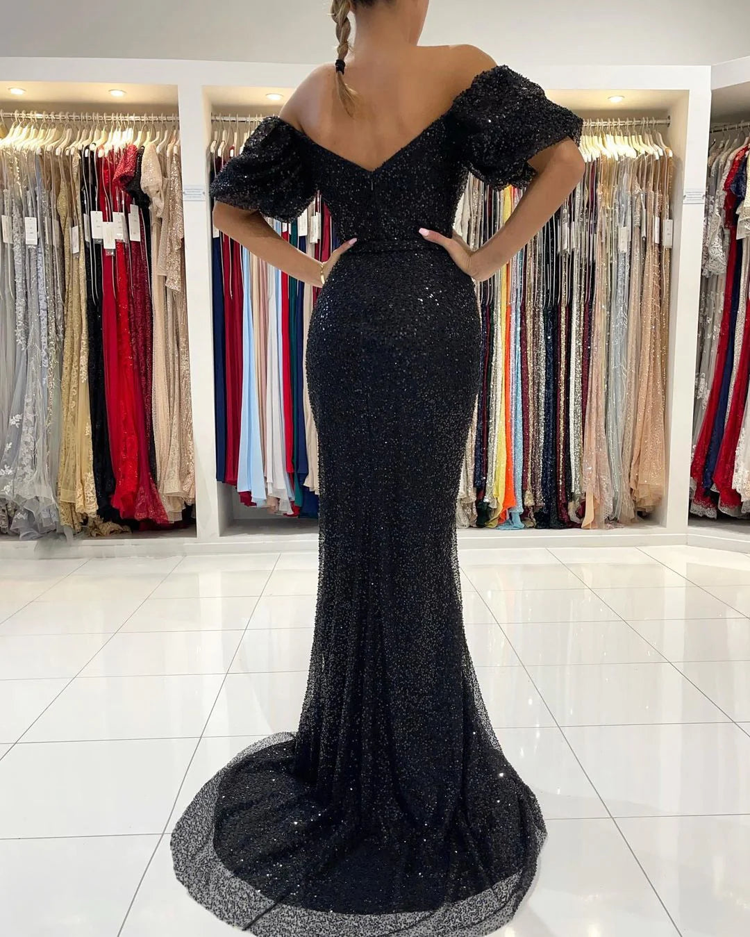 Luolandi Sexy Off-The-Shoulder Black Mermaid Sequins Prom Dress Long With Slit Charming Evening Dress