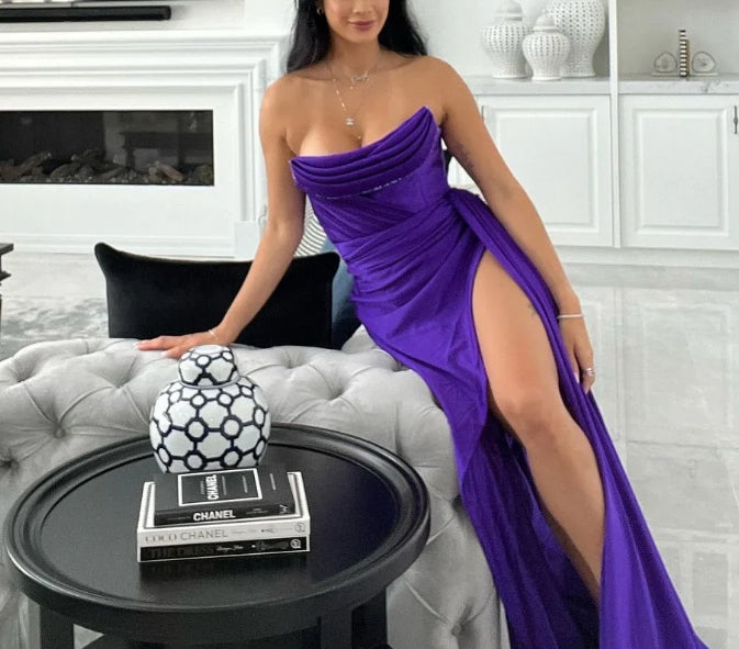 Luolandi Gorgeous Purple Strapless Long Evening Dress Birthday Dress Off Shoulder Sexy Party Dress With Slit