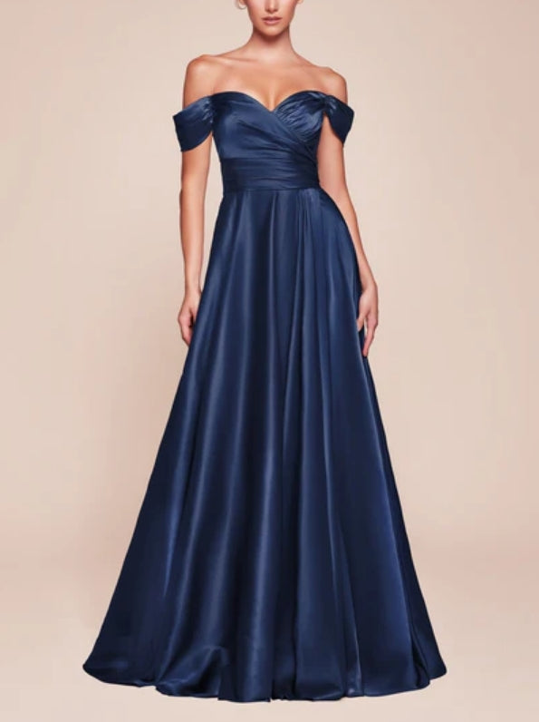 Luolandi Off-Shoulder Satin A-Line Bridesmaid Dress With Side Slit Elegant Evening Party Dress