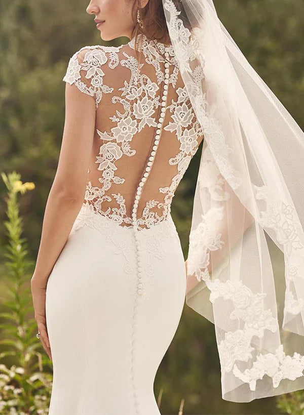 Luolandi High Neck Lace/ Satin Trumpet/Mermaid Wedding Dresses Floor Length Elegant