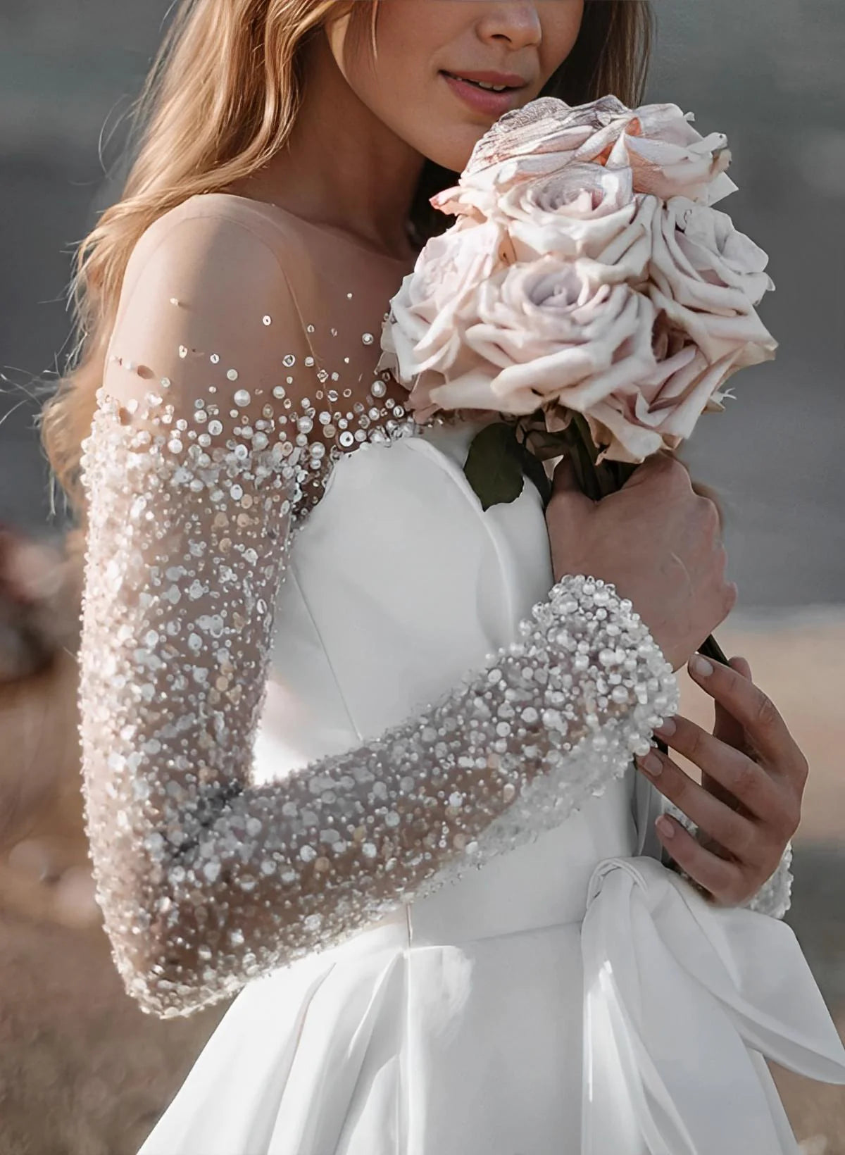 Luolandi Illusion Neck Long Sleeves Sweep Train Wedding Dress Floor Length With Bow(s) Elegant