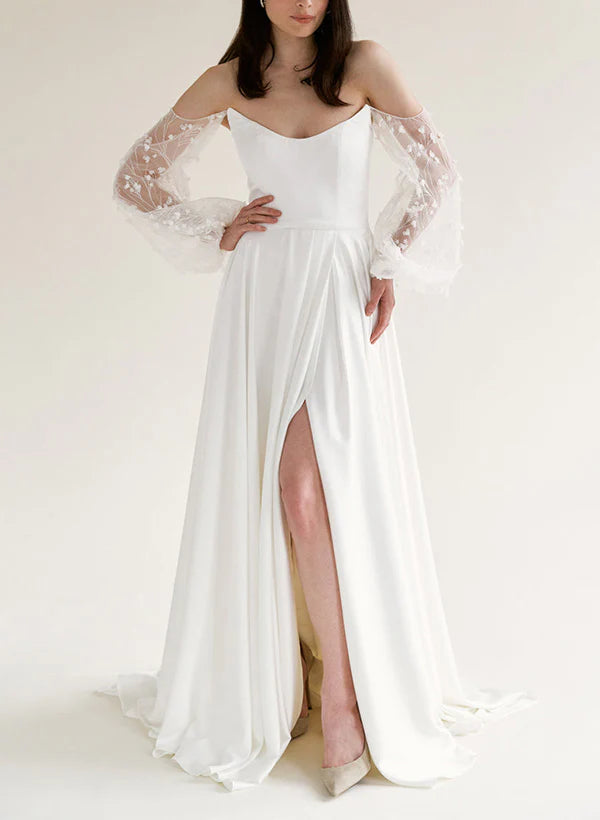 Luolandi Off-The-Shoulder A-Line Wedding Dresses With Long Sleeves And Split Front Elegant