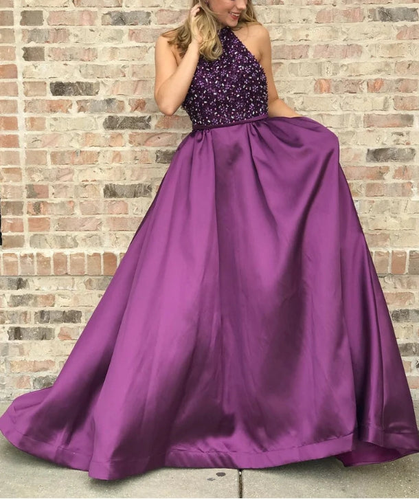 Luolandi Marvelous Satin Jewel A-line Prom Dresses With Rhinestones Floor Length Elegant Evening Dress