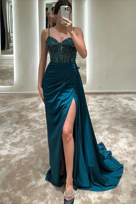 Luolandi Gorgeous Straps Beading Sheath Long Formal Party Dress Charming Evening Dress With Slit