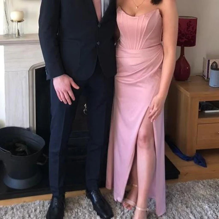 Luolandi Pink Strapless Sheath Simple Long Party Dress Off Shoulder Elegant Evening Dress With Slit