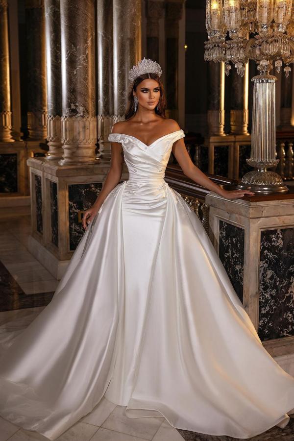 Luolandi Elegant A Line Off The Shoulder Sweetheart Backless Satin Wedding Dress Floor Length Bridal Gown