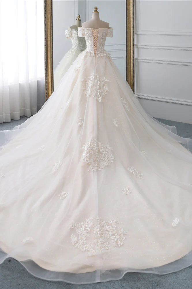 Luolandi Princess Off The Shoulder Tulle Wedding Dress With Lace Appliques Floor Length Elegant