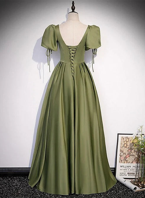 Luolandi Green Satin A-line Puffy Sleeves A-line Prom Dress V-neck Simple Long Formal Party Gown Elegant Evening Dress
