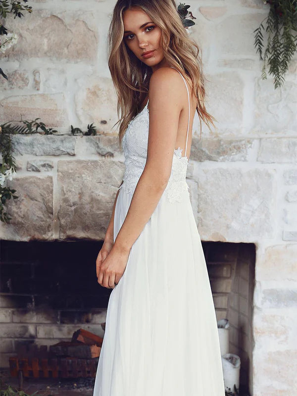 Luolandi A-line Spaghetti Strap Sweep Train Chiffon Appliqued Wedding Dresses Elegant