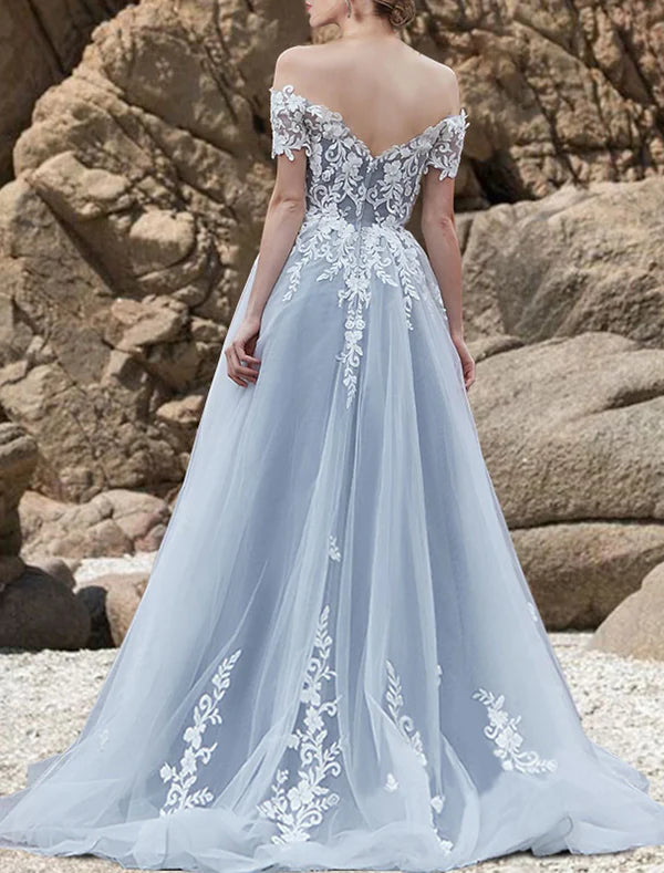 Luolandi Engagement Gothic Wedding Dresses in Color Formal Wedding Dresses A-Line Off Shoulder Short Sleeve Sweep / Brush Train Lace Bridal Gowns With Appliques