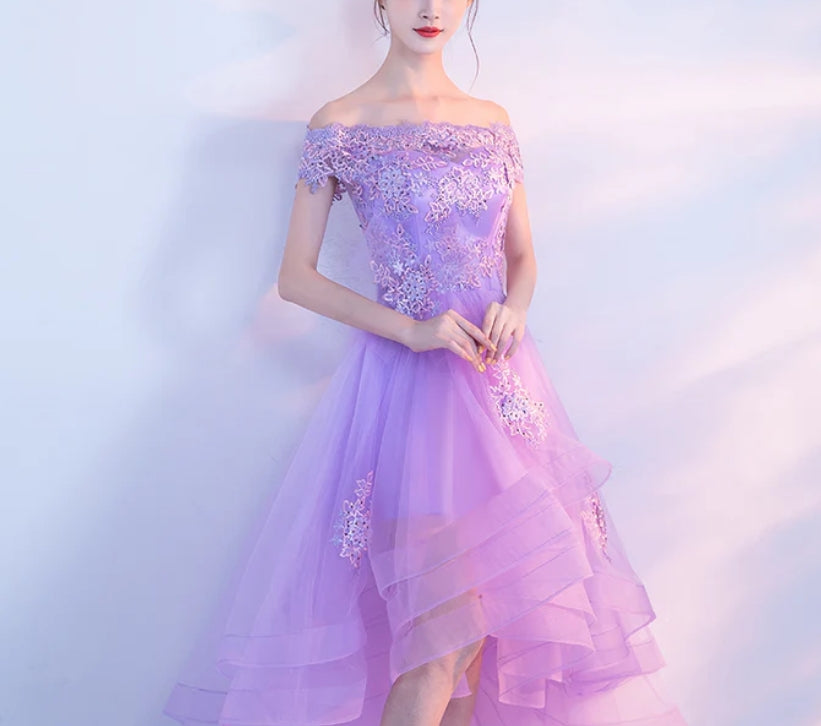 Luolandi Cute High Low Tulle Prom Dress Off the Shoulder Homecoming Dress Light Purple Beautiful Cocktail Dress
