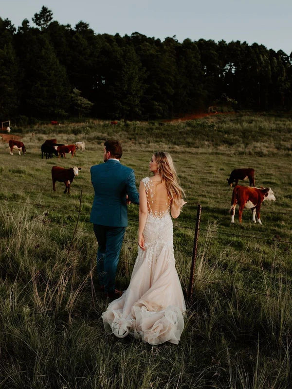 Luolandi Delicate V-Neck Illusion Beaded Appliques Tulle Mermaid Wedding Dresses Charming