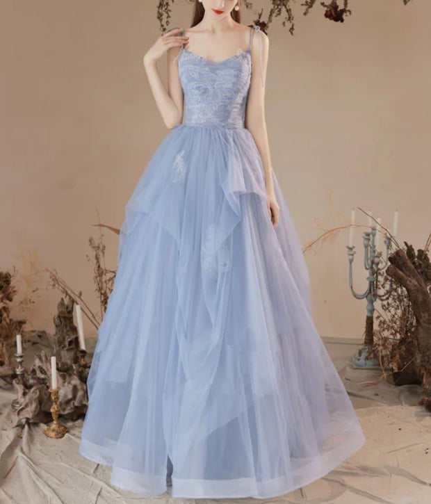 Luolandi Light Blue Tulle with Lace Straps A-line Prom Dress Straps Evening Dress Elegant
