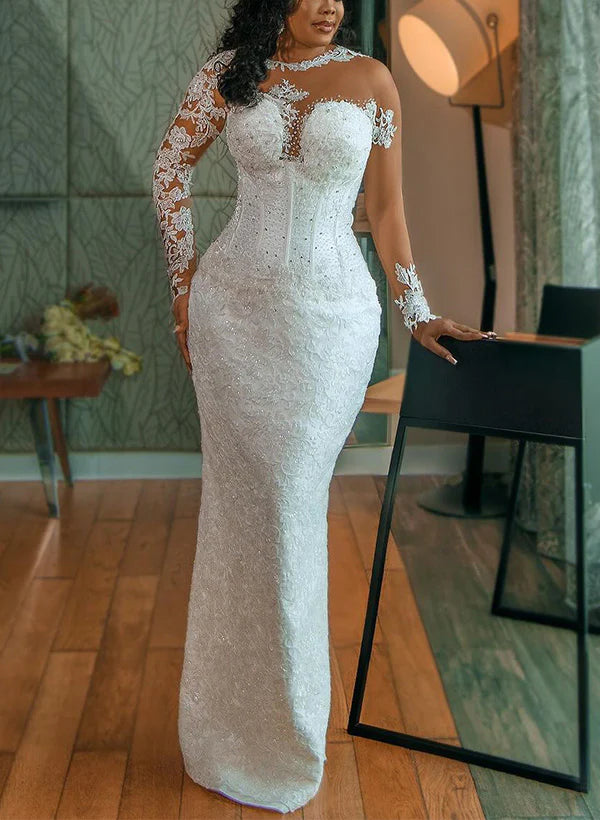 Luolandi Illusion Neck Long Sleeves Lace/Satin Sheath/Column Wedding Dresses Floor Length Elegant
