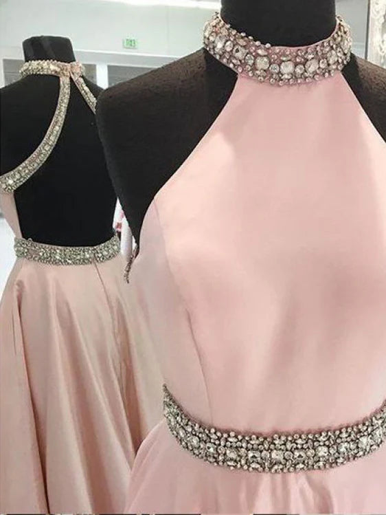 Luolandi Popular Satin Jewel Neckline Backless Sweep Train A-line Prom Dresses With Rhinestones Evening Dresses