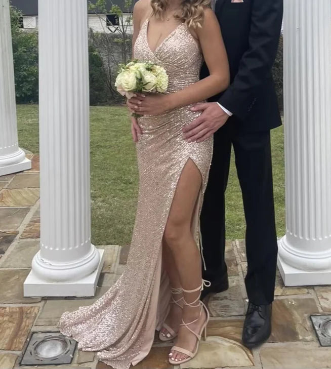 Luolandi Light Champagne Sequin Prom Dress Sparkly Evening Dress Sexy Formal Dress With Slit