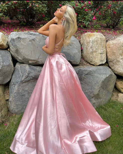 Luolandi Pretty A Line Spaghetti Straps Backless Pink Satin Prom Dress Formal Evening Dress Charming