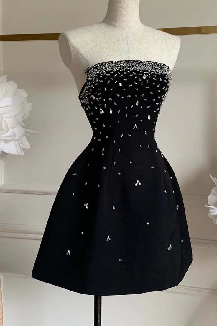 Luolandi Charming Black Strapless A-Line Beading Short Homecoming Dress Off Shoulder Party Dress