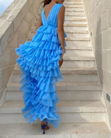 Luolandi Blue V Neck High Low Tulle Party Dress Homecoming Dress Charming Formal Dress