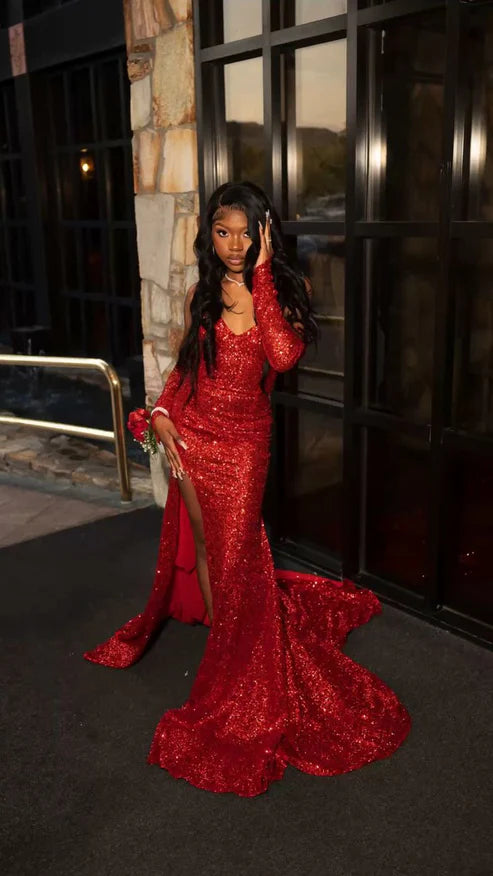 Luolandi Charming Red Sweatheart Sequins Long Prom Dress Sparkly Evening Dress No With Wrist decoration