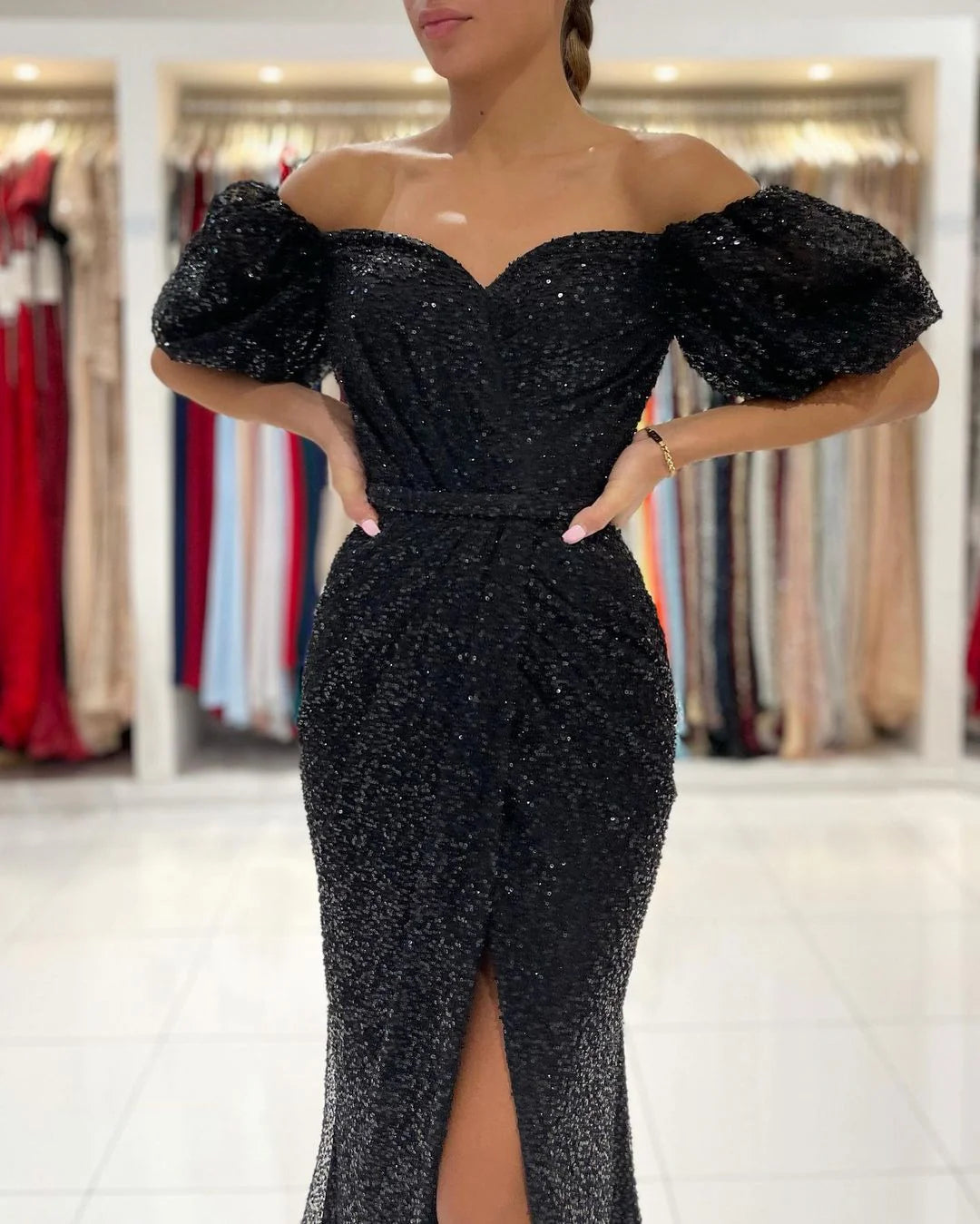 Luolandi Sexy Off-The-Shoulder Black Mermaid Sequins Prom Dress Long With Slit Charming Evening Dress