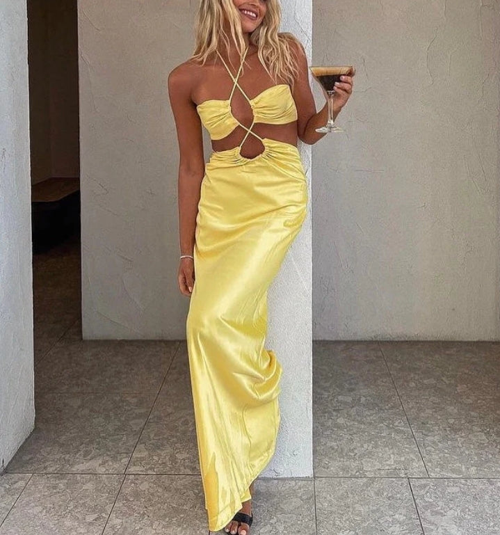 Luolandi Yellow Halter Backless Slit Long Prom Dress Wedding Guest Dress Sexy Party Dress