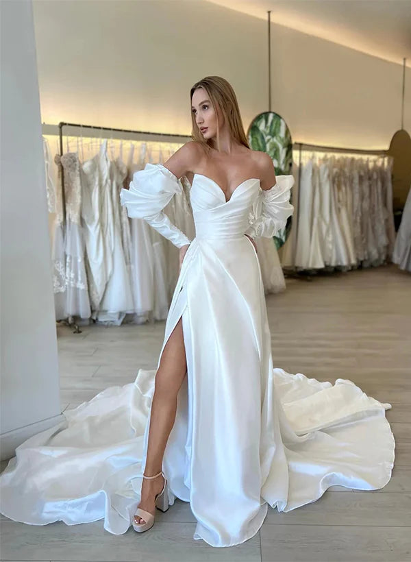 Luolandi A-Line Sweetheart Long Sleeves Wedding Dresses With Split Front Off Shoulder Floor Length Simple
