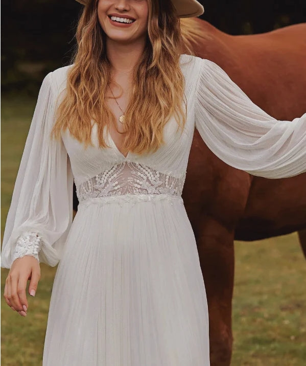 Luolandi Boho Lace Wedding Dress With V-Neck And Long Sleeves Floor Length Elegant