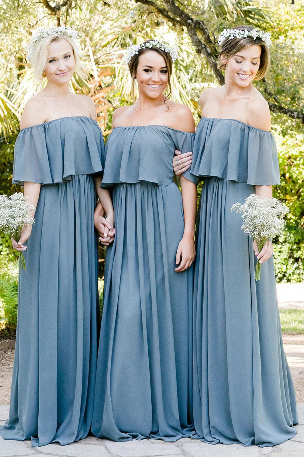 Luolandi Dusty Blue A-Line Off the Shoulder Long Chiffon Boho Bridesmaid Dress Elegant Party Dress
