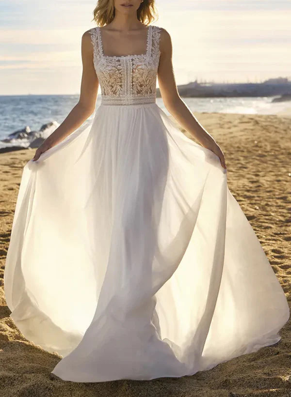 Luolandi A-Line Square Neckline Sleeveless Sweep Train Chiffon/Lace Wedding Dresses Elegant