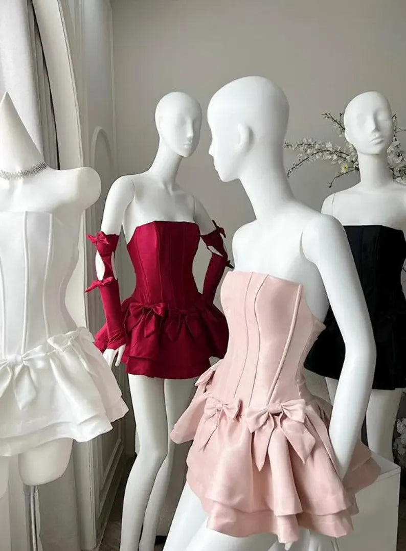 Luolandi Cute Strapless A-Line Ruffles Bowknot Homecoming Dress Lovely Birthday Outfits Short Party Dress No With Sleeves