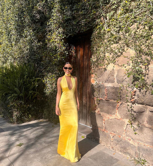 Luolandi Yellow Sheath V Neck Satin Open Back Long Prom Dress Evening Dress Elegant Party Dress