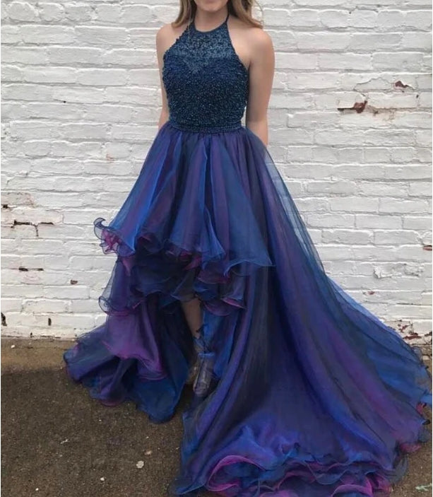 Luolandi A-line Beaded Bodice Halter Organza High Low Prom Dresses Elegant Evening Dress