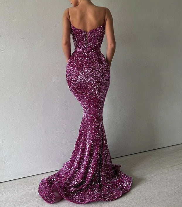 Luolandi Sparkle Purple Spaghetti Strap Sequin Mermaid Long Prom Dress Sparkly Evening Dress Sexy