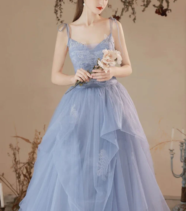 Luolandi Light Blue Tulle with Lace Straps A-line Prom Dress Straps Evening Dress Elegant