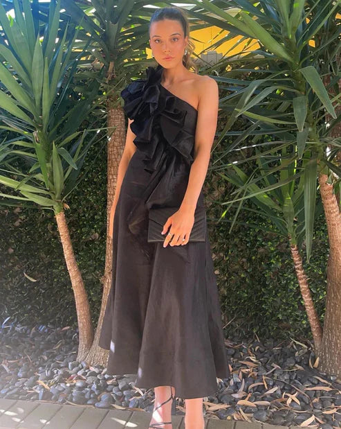 Luolandi Black A-Line One Shoulder Ruffle Formal Party Dress Elegant Evening Dress