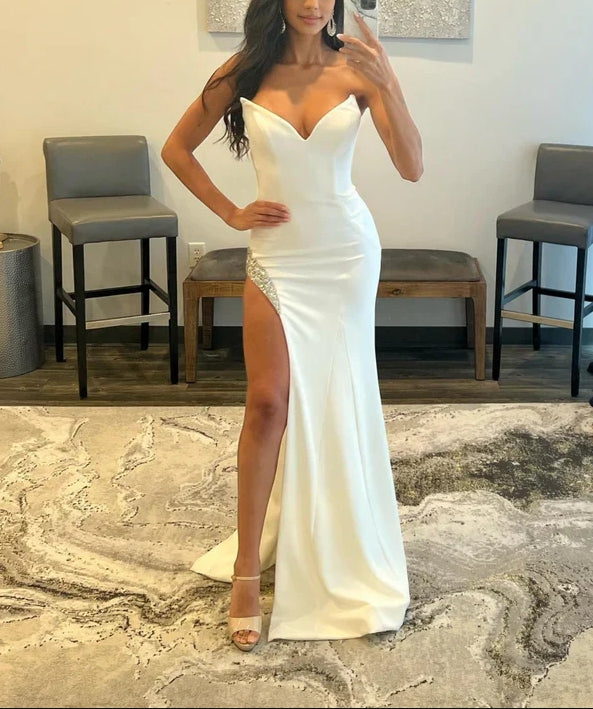 Luolandi Strapless V Neck Long Prom Dress With High Slit One Shoulder Sexy Evening Dress