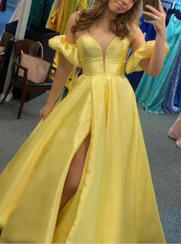 Luolandi Yellow Sweetheart A-Line Satin Long Prom Dress with Slit Sexy Evening Dress