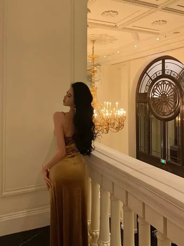 Luolandi French Gold Velvet Slip Mermaid Prom Dress Long Evening Dress Charming Party Dress