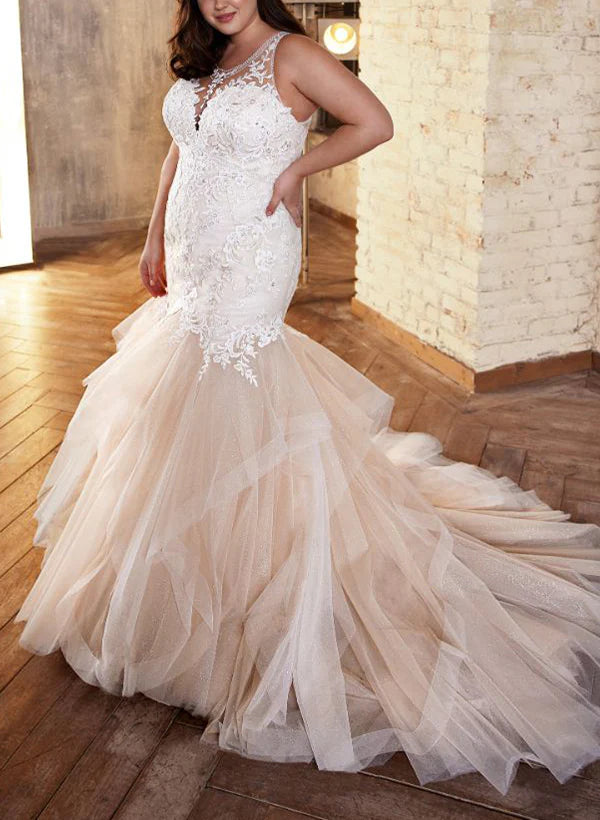 Luolandi Illusion Neck Lace/Tulle Wedding Dresses Trumpet/Mermaid Sleeveless Floor Length with Appliques