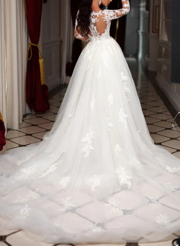 Luolandi Trumpet Mermaid Long Sleeves Tulle Wedding Dresses Appliques Lace Floor Length Elegant