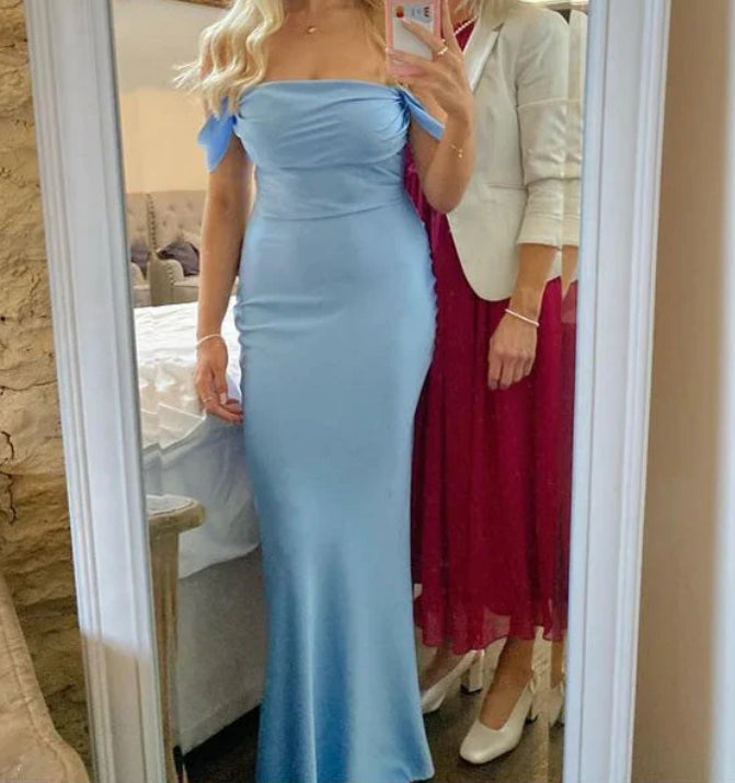 Luolandi Light Blue Off Shoulder Long Party Dress Wedding Guest Dress Simple Formal Dress