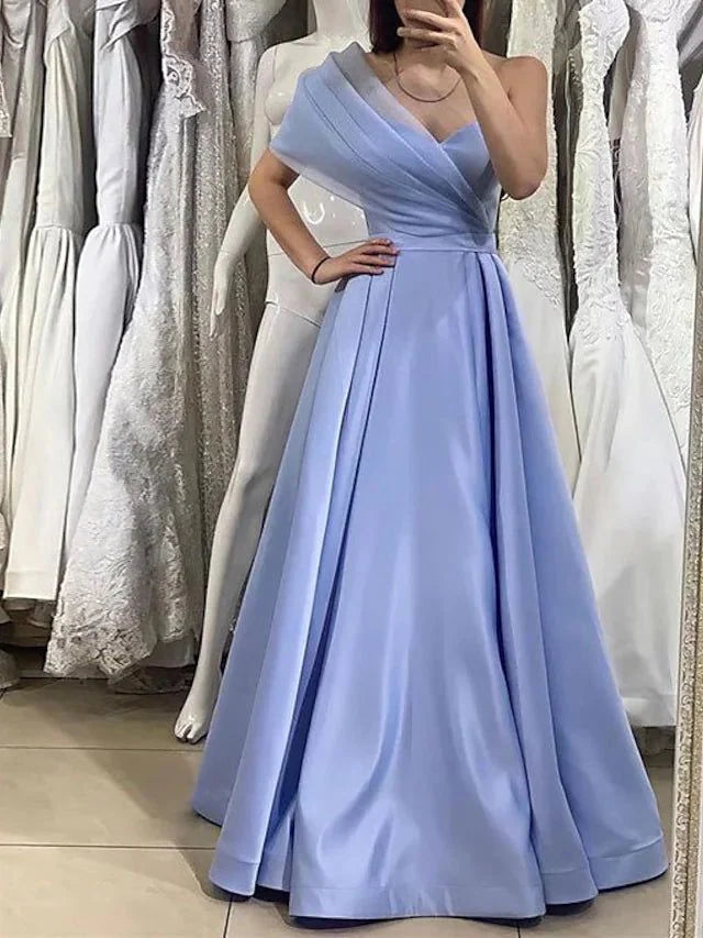 Luolandi Lavender One Shoulder A-Line Satin Long Prom Dress Elegant Evening Dress