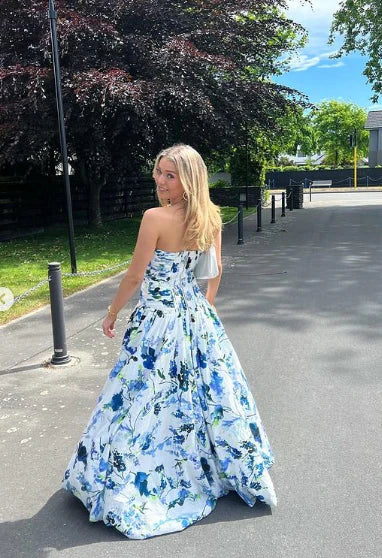 Luolandi Blue Printed A-Line Strapless Long Prom Dress Off Shoulder Evening Dress Formal Dress