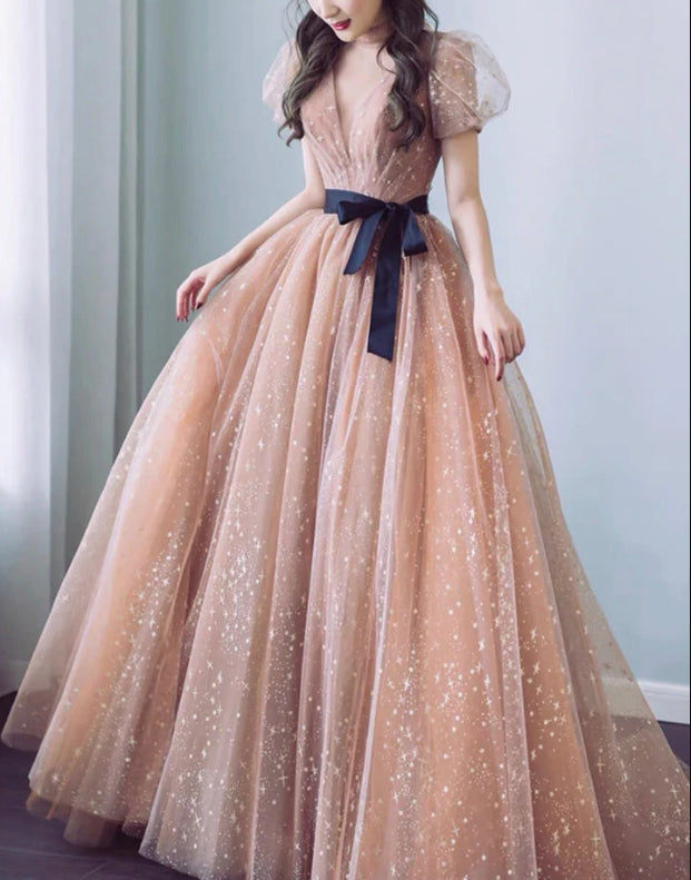 Luolandi Cute Tulle Long Prom Dress A-Line Short Sleeve Evening Party Dress V-neck