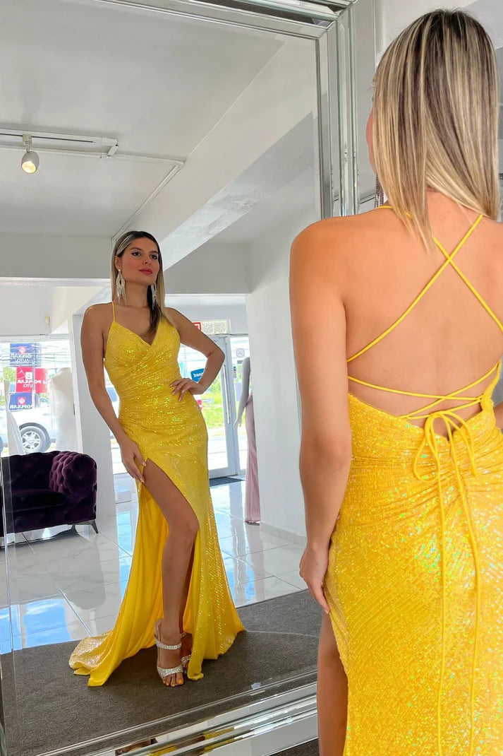 Luolandi Yellow Surplice Lace-Up Mermaid Sequins Long Prom Dress with Slit Sparkly Evening Dress