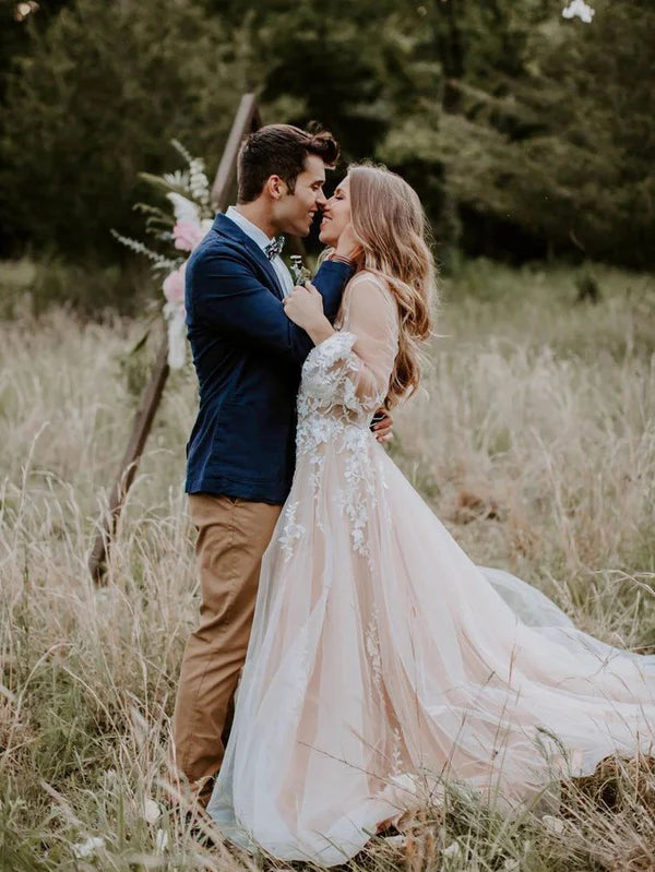 Luolandi Dreamy Long Sleeves A-line Wedding Dresses Applique Tulle Backless Bridal Gowns Charming