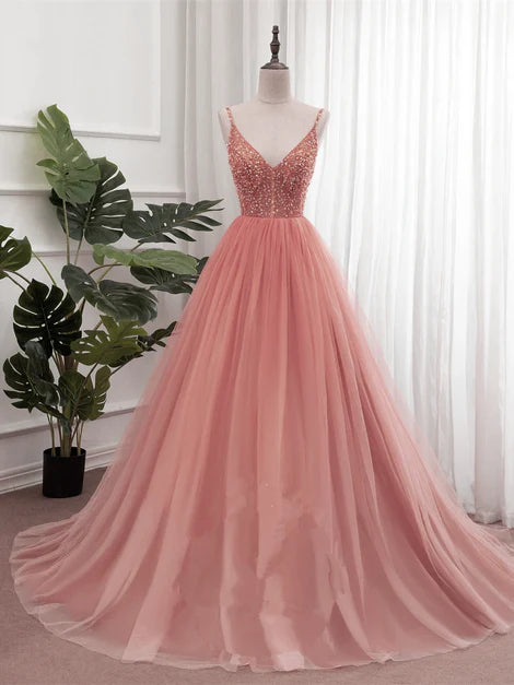 Luolandi Dark Pink Sequins V-neckline Straps Long Evening Dress Tulle Pink Prom Dress Elegant