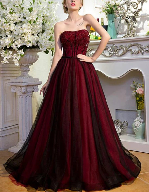 Luolandi Red and Black Scoop Tulle Long Party Dress with Beadings Long Tulle A-line Formal Dress Off Shoulder Prom Dress